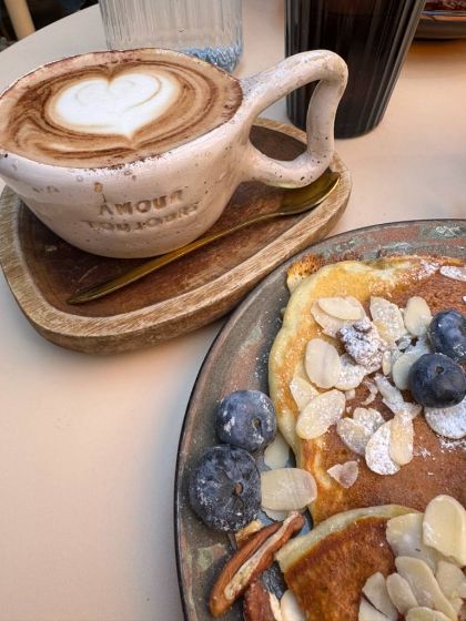 A cup and a plate on a café table